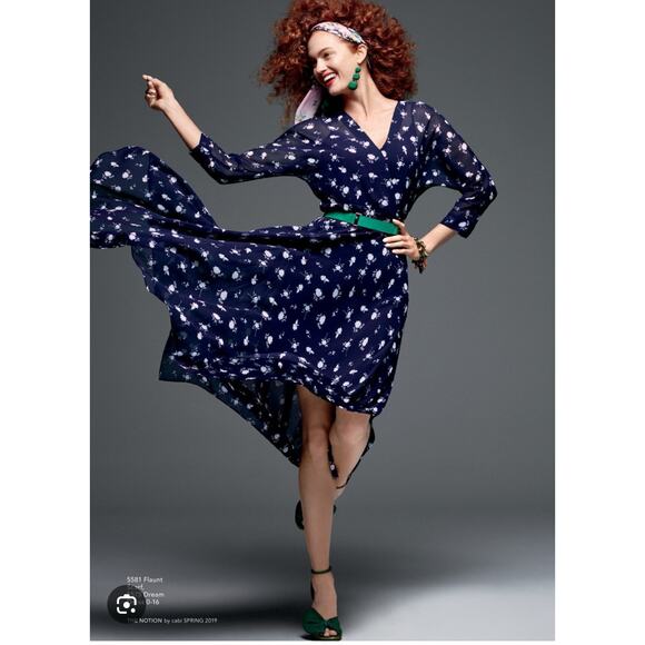 Cabi Sheer Dream Midi Dress Chiffon Lined Size 4 Navy Floral Asymmetrical New - Picture 1 of 8